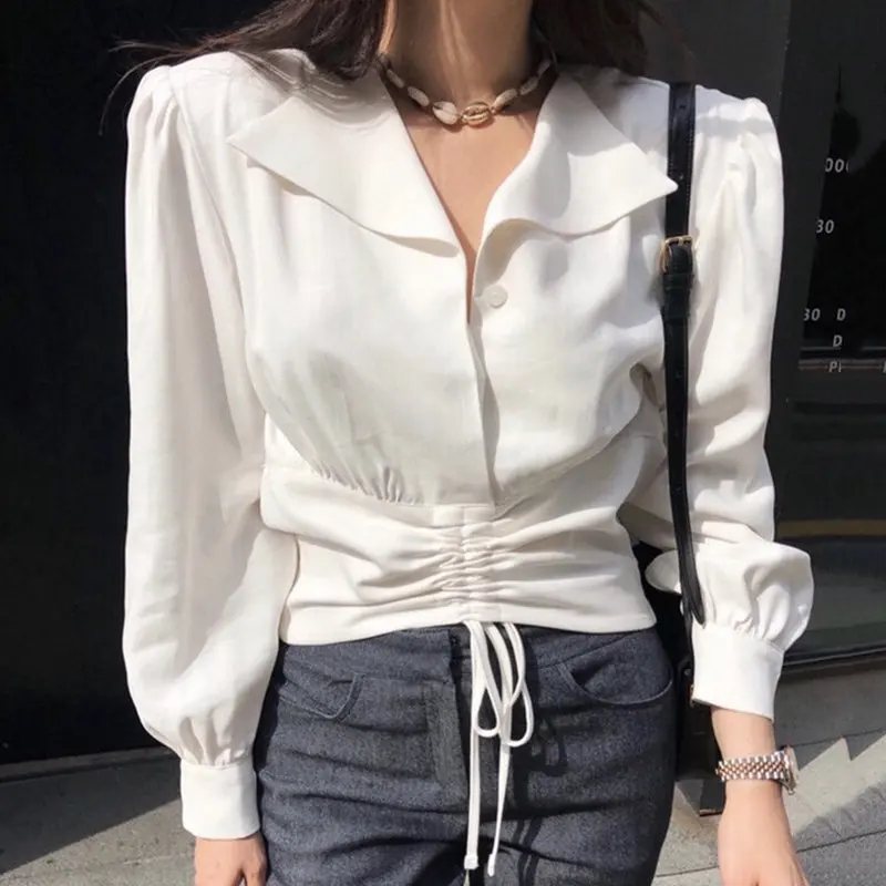 beige womens shirt RICININA, белая рубашка, женские топы,, с отворотом, на пуговицах, на шнуровке, Корейская блузка, женская, с длинным рукавом, весенняя, женская блузка, повседневная - Цвет: beige womens shirt