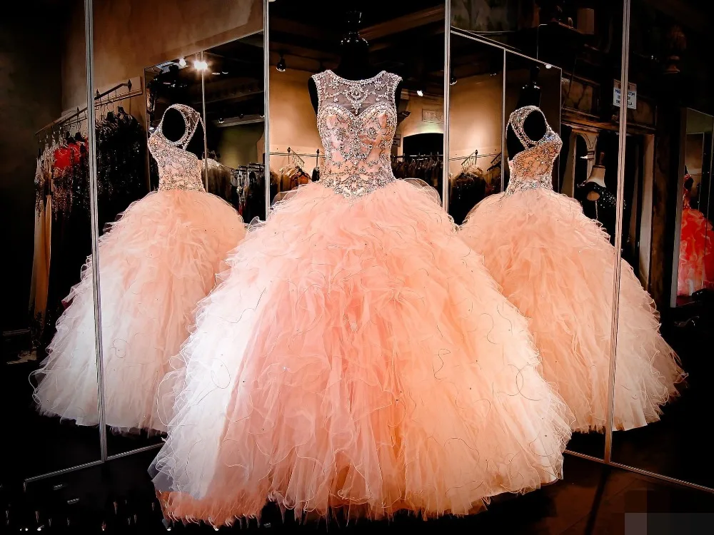 

2019 Sparkly Ball Gown Beaded Crystal Quinceanera Dresses Sweetheart Keyhole Lace-up Back Ruched Tulle Long Prom Pageant Dress