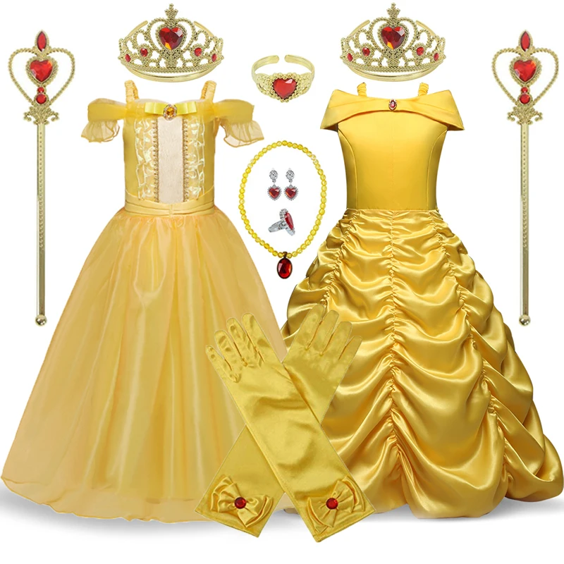 

Golden Belle Princess Dress Cosplay Draped Girls Dress Crown Magic Stick Party Kids Dress For Girls Clothing Birthday Ball Gown