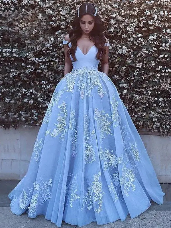 

Ball Gown Sleeveless Off-the-Shoulder Applique Tulle Sweep/Brush Train Dresses