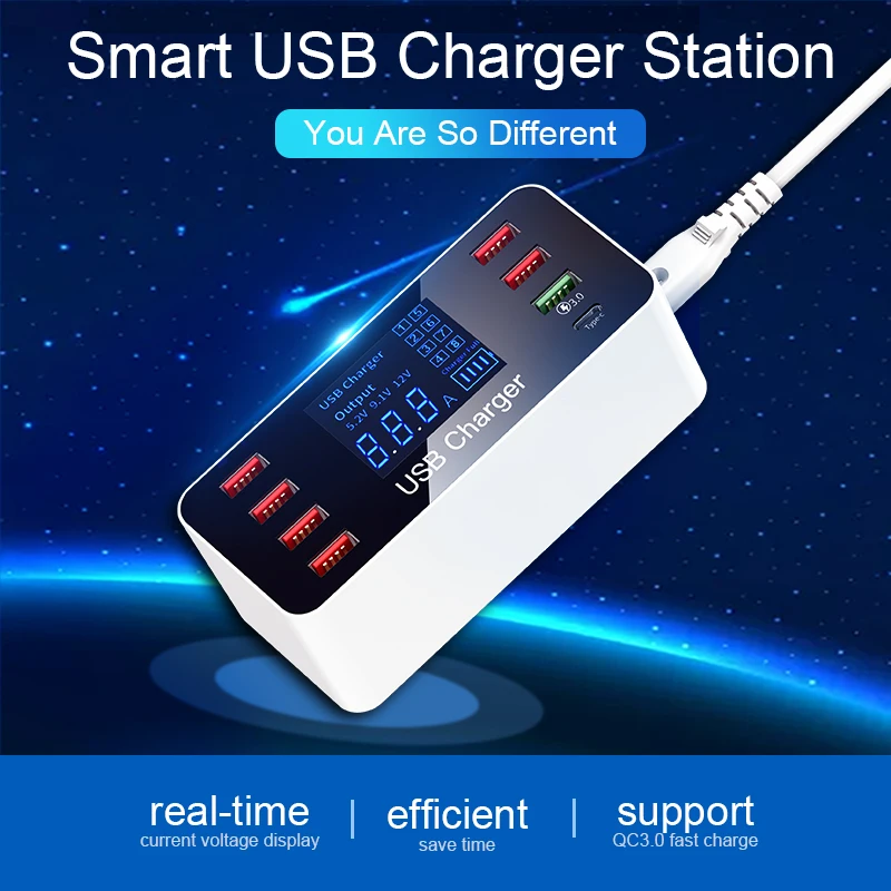 GOOJODOQ 8 Port USB Type C Charger Smart LED Display Quick Charge 3.0 USB Fast Charging Adapter 40W with Smart IC Travel Charger