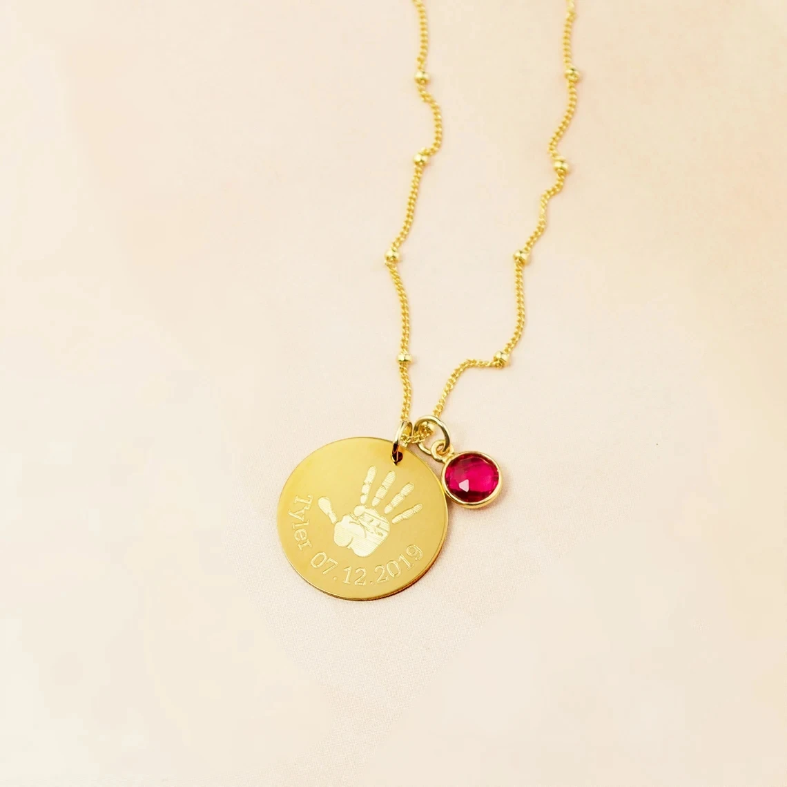 Custom Baby Footprint Necklace Engraved Date With Birthstone