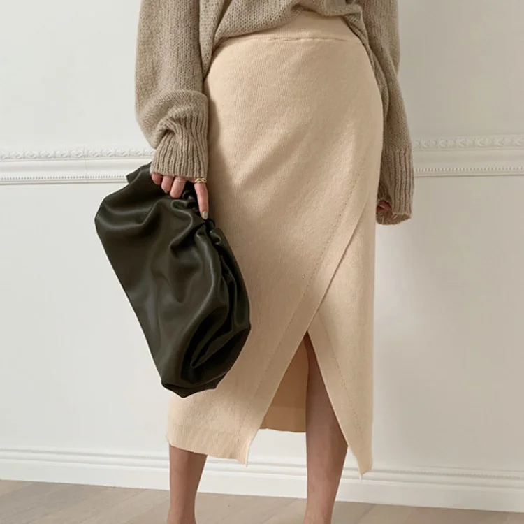 Koop Vrouw Herfst Effen Kleur Verdikking Breien Rok Hoge Taille Split Midi Warm Rokken Beige Koffie Gebreide Rok