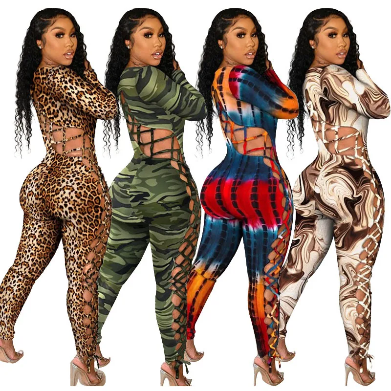 Large size ladies jumpsuit new autumn and winter hot style long-sleeved sexy low-cut tether tight-fitting printed hollow women's shorts and blazer suit set