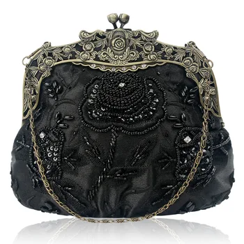 

SWONCO Hot Retro Evening Bag Women Bleading Clutch Bag Handmade Dress Bags Luxury Golden/black Embriodery Handbags