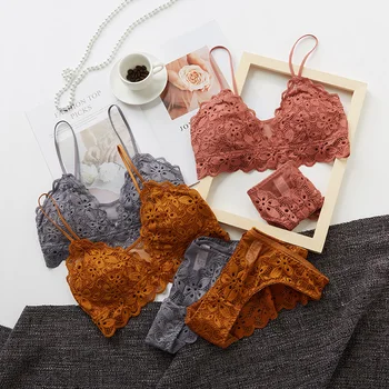 

Wriufred Sexy lace bralette panties no steel ring soft cup lingerie sets big chest small bra set breathable girl underwear