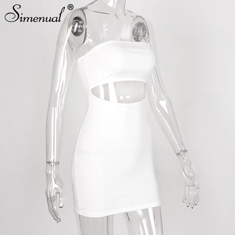 Simenual Bodycon Solid Women Mini Dress Hollow Out Strapless Sexy Hot Party Clubwear Fashion 2020 Summer Skinny Dress Wrap Chest