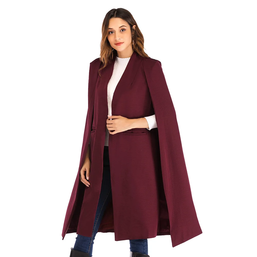 

Vintage Cloak Trench Coat Women Office Ladies V-Neck Shawl Sleeveless Patchwork Coat Solid Autumn Party Overcoat