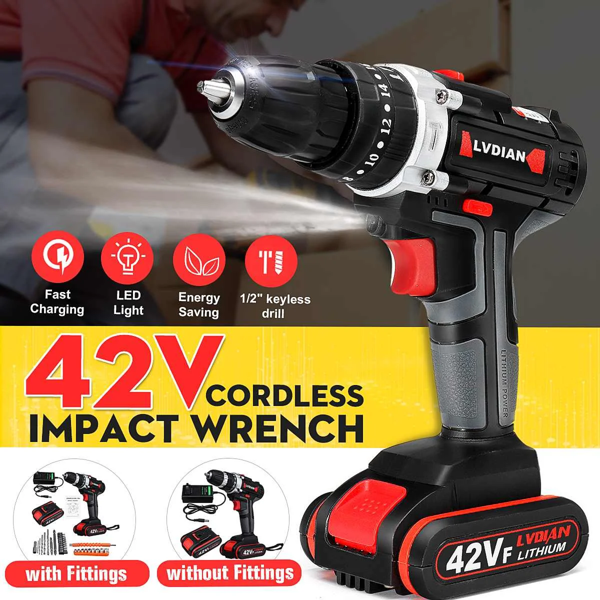 

42V Cordless Impact Drill Cordless Drill Electric Screwdriver Wireless Power Driver 26 Speed Electric Screwdriver LED Llight