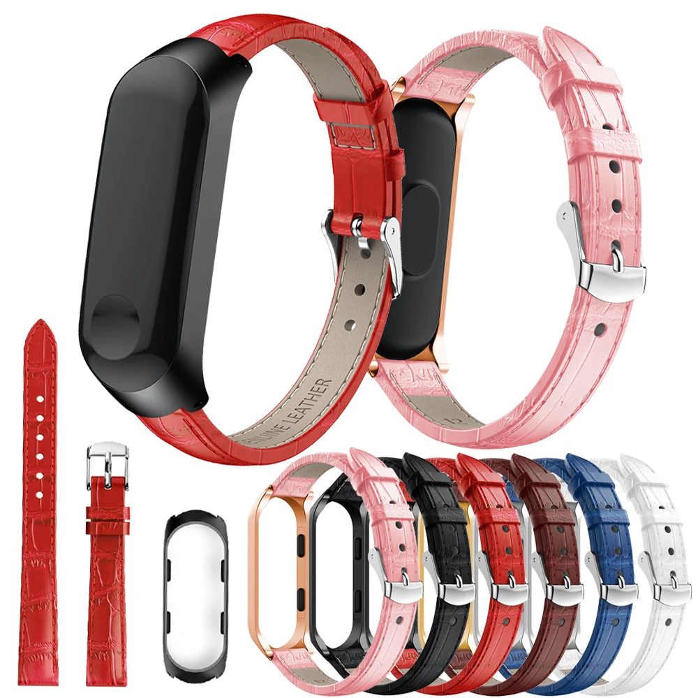 Ремешок на запястье для Mi Band 4 3 умный браслет кожаный ремешок + металлическая