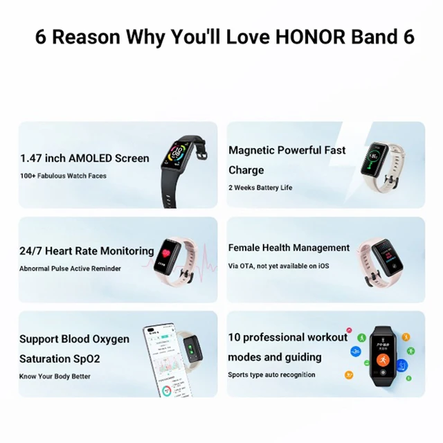 HONOR Band 6 Smart Bracelet 6 1.47" AMOLED Screen Blood Oxygen Smartband Fitness Tracker Bluetooth 5.0 Waterproof Heart Rate 3