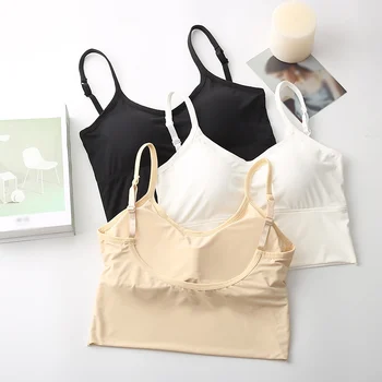 

Solid Seamless Bra With Pads Women Brassiere Vest Beautiful Back Ice Silk Wireless Tank Top