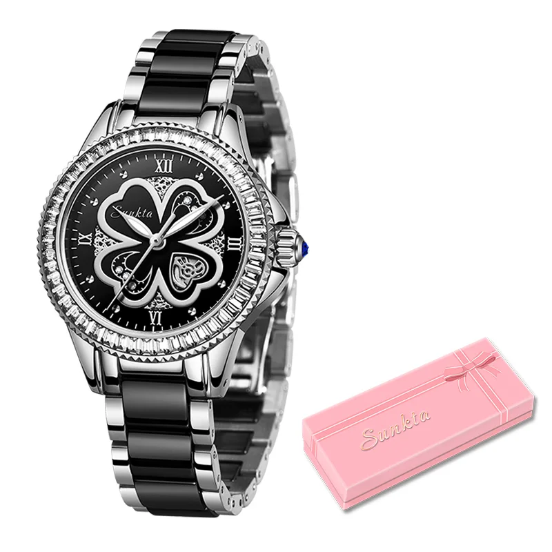 Montre Femme SUNKTA, новые часы из розового золота, женские кварцевые часы, женские роскошные Брендовые женские наручные часы, часы для девочек, подарок для жены+ коробка - Цвет: Silver  black