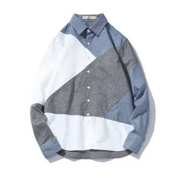 

Spring Shirt Men Fashion Patchwork Color Long Sleeve Turn Down Color Mens Shirts Plus Size M-5XL Blusa Masculina Korean Clothes