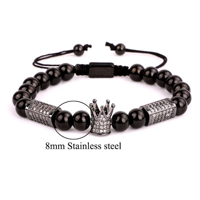 High Quality New Luxury Men Women Jewelry CZ Crown Charm Stainless Steel Beads Macrame Bracelet - Image 2