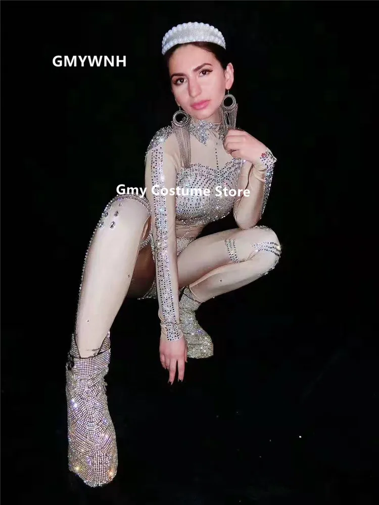 Y77 женский комбинезон со стразами Сексуальное Женское боди с бриллиантами длинный рукав стрейч наряд сценические костюмы вечерние платья одежда