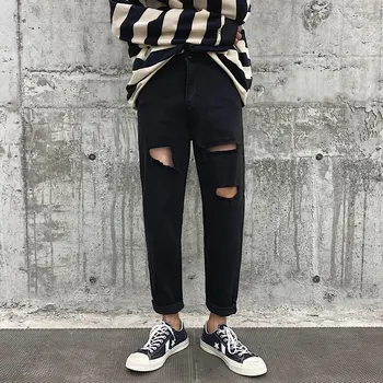

2020 Spring Summer Trend Hole Jeans Men Pants Black Casual Straight Denim Trousers Mens Clothing