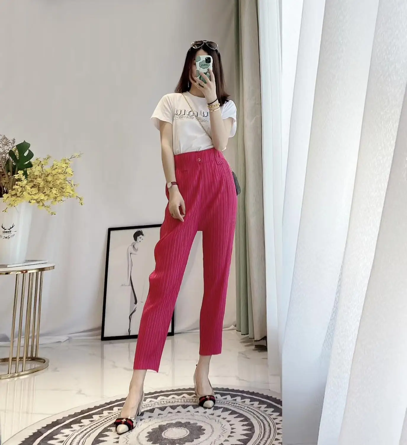 

HOT SELLING Beauty fashion fold show thin fold female foot Buttons trousers thin harem pants IN STOCK