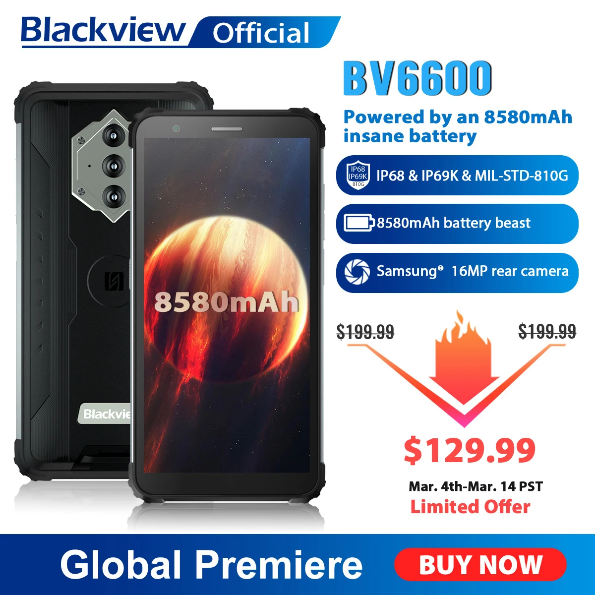 Blackview bv6600 ip68 impermeável 8580mah áspero smartphone octa núcleo 4gb + 64gb 5.7