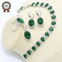 Зеленый циркониевый набор украшений из серебра 925-й пробы для Для женщин браслет, серьги, ожерелье кулон подарочные коробки для колец для ювелирных изделий