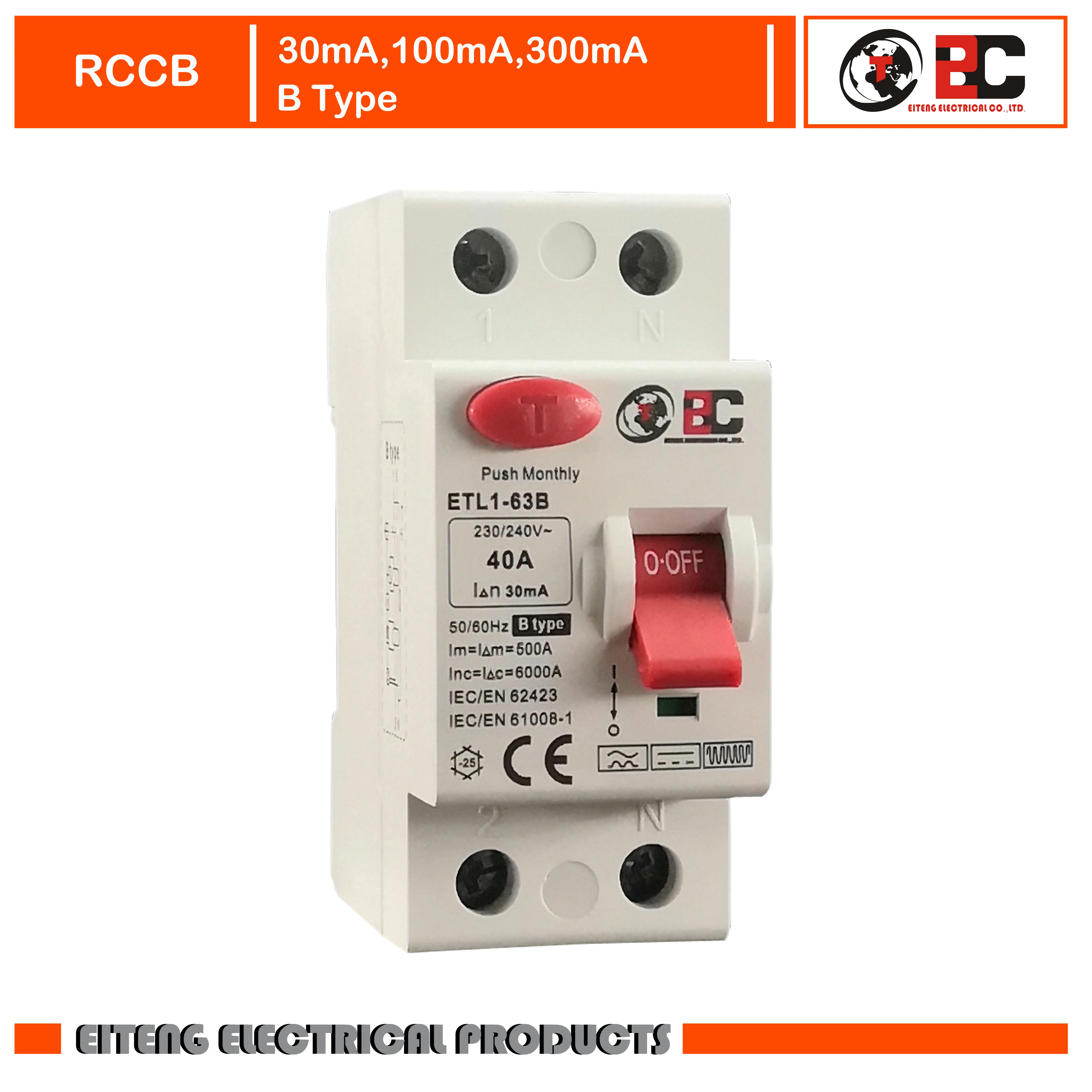 

RCCB ETL1-63B 2P B type 230/240V~ 50HZ/60HZ Residual current circuit breaker 25A 40A 63A