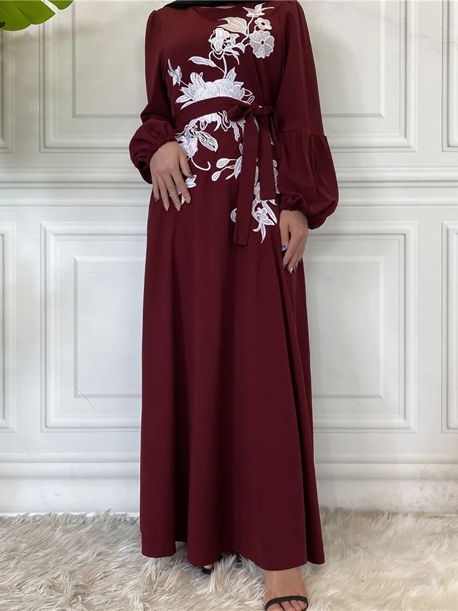 6214#Eid Middle East Flowers Embroidery Hijab Dress - CHAOMENG MUSLIM SHOP