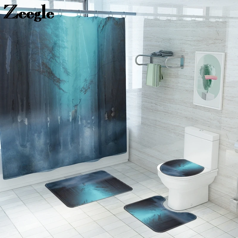 4PCS Bath Mat Printing Toilet Carpet Microfiber Bathroom Carpet Set Anti Slip Mat for Bathroom Waterproof Bath Rug
