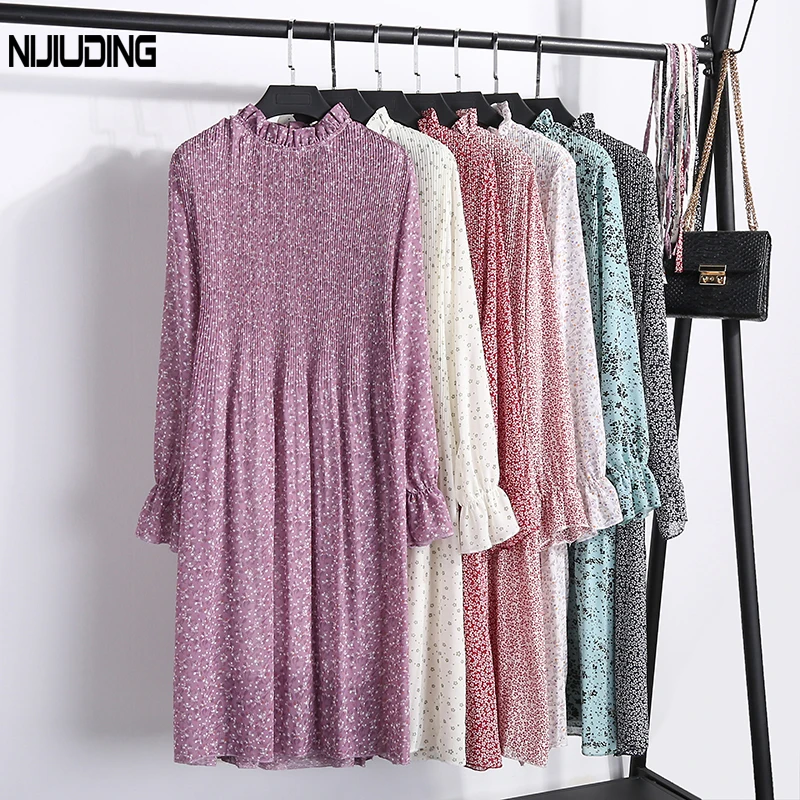 

New Fashion Spring Autumn Chiffon Dresses Women's Print Dress Casual floral Dress With Belt Long Sleeve Thick Dress 19 Colors