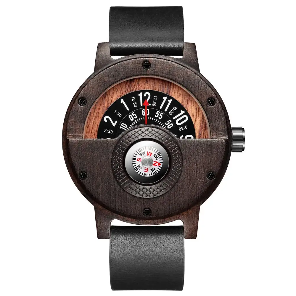 Creative Wood Watch Unique Compass Turntable Wood Watches Men's Semicircle Dial Clock Quartz Clock Retro Hour Relogio Masculino