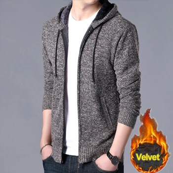 

2019 New Winter Sweater Men Solid Zipper Velvet Sweatercoat Casual Thick Hooded Outerware Male Free Shipping