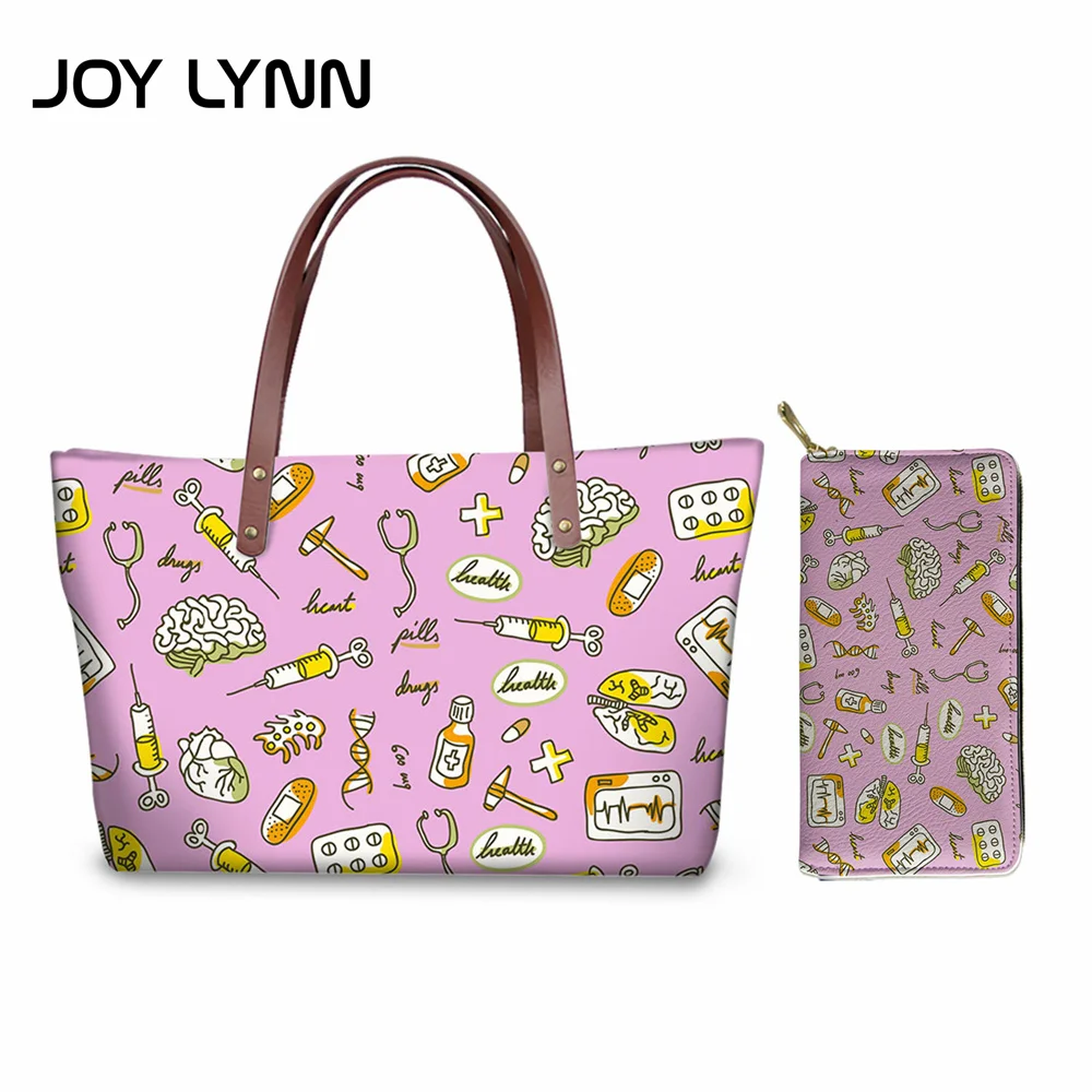 JOY LYNN Nurse Cartoon Pattern Handbag Wallet 2 Sets for Women Lovely Mid Large Bag Card Holder Kawaii Handle Work Tote Lady |