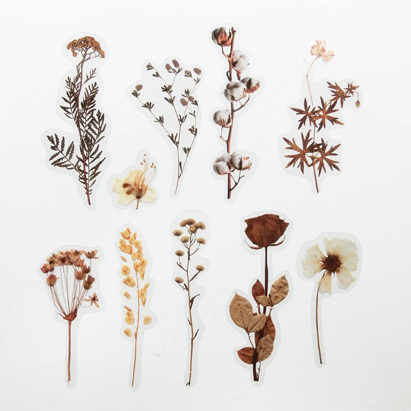 80Pcs/Set Simulation Flowers Leaves Stickers Transparent PET Sticker DIY Diary Calendar Decoration Scrapbooking Plant Sticker