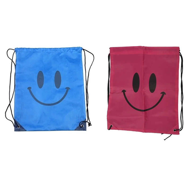 

New 2Pcs Smile Outdoor Backpack Drawstring Waterproof Bag Blue & Rose Red