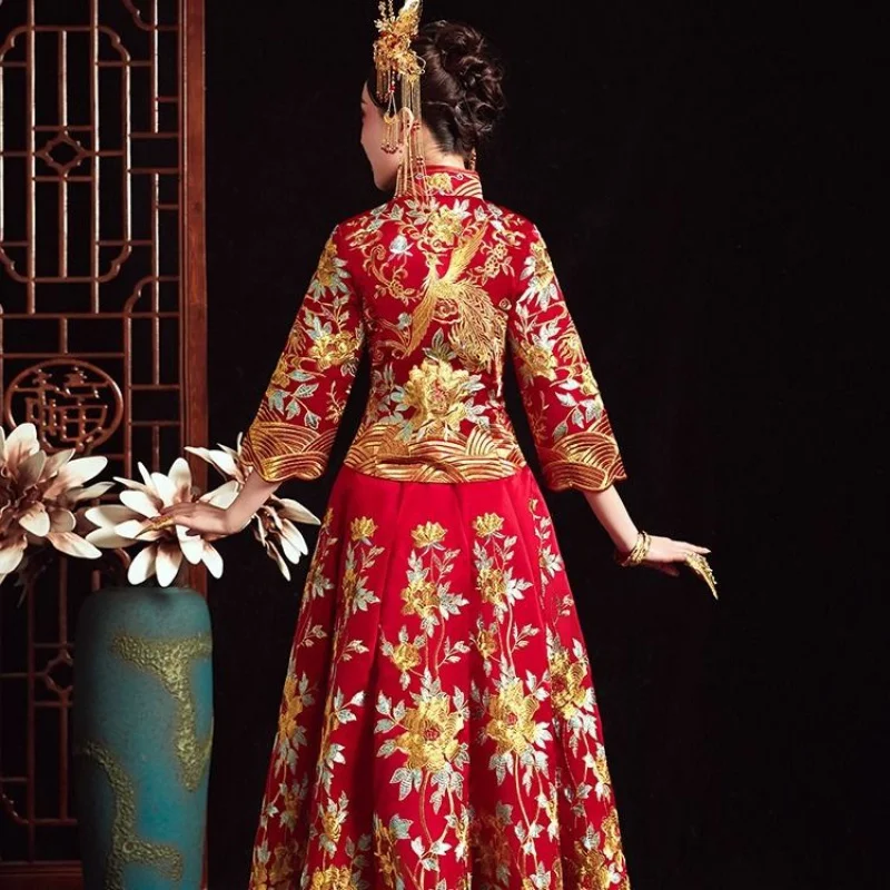 Элегантное свадебное платье в китайском стиле, Qipao, изысканная вышивка, Феникс, Длинные вечерние платья, Hanfu, одежда размера плюс