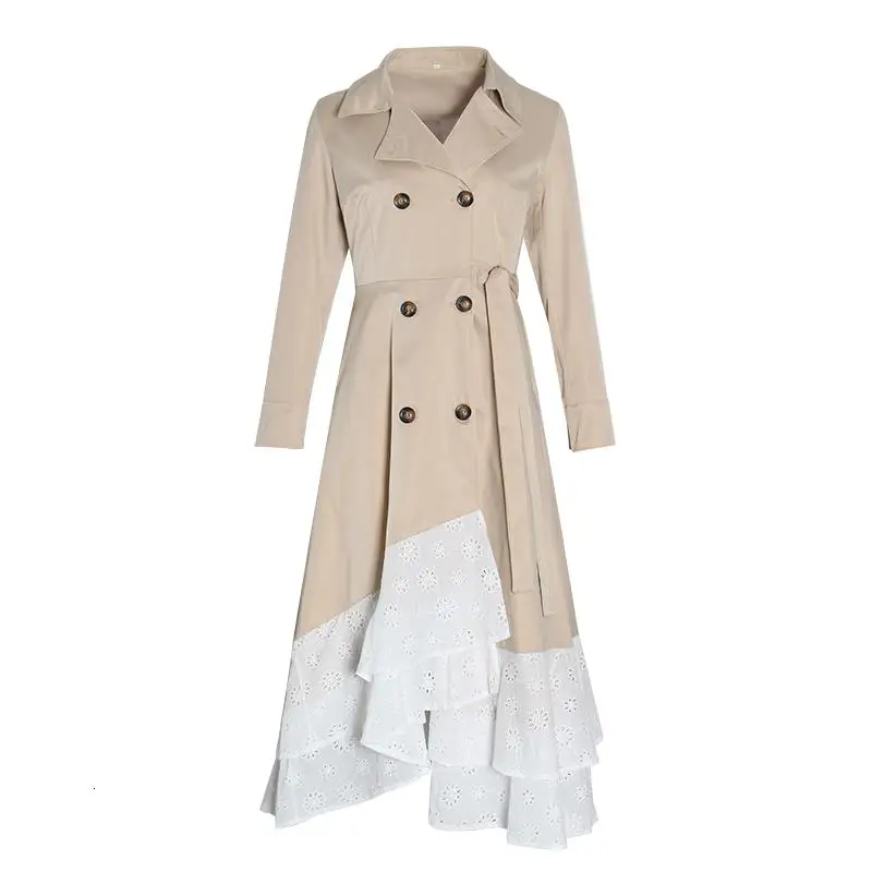 New Fashion Autumn Winter Women's Trench Ruffles Pathcwork Embroidery Lapel Khaki Asymmetrical Hem Overcoat - Цвет: Хаки