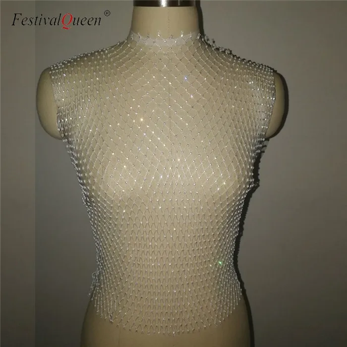 Festival Queen Sexy Diamonds Mesh Cropped Tank Top Women Summer Cover Up Bikini See Through Rhinestone Net Party Club Crop Top - Цвет: white o-neck