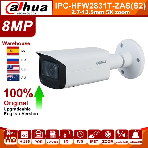 Slot para Cartão Luz das Estrelas H.265 + 60 Original Dahua Câmera Ipc-hfw2831t-zas-s2 4 k 5x Zoom Poe sd Áudio Alarme m ir Ivs Ip67 ip 8mp
