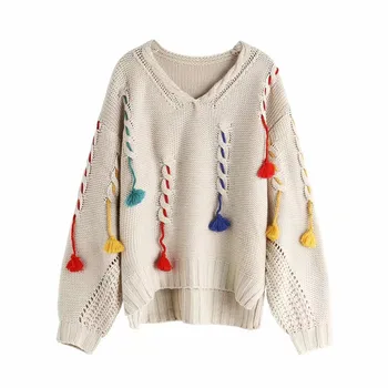 

2019 women sweater autumn and winter new retro color tassel weaving lazy wind loose head knitted sweater women