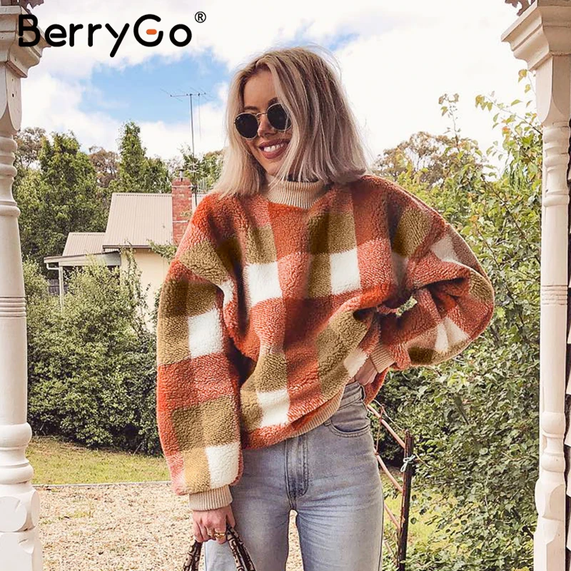 En Ligne BerryGo Vintage laine d agneau plaid vestes à capuche femmes sweat col rond pull en vrac femme sweat automne hiver dames manteaux chauds
