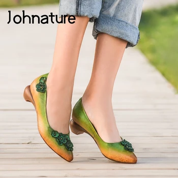

Johnature Pointed Toe Pumps Women Shoes Retro 2020 New Spring Genuine Leather Slip-on Casual Flower Handmade Ladies Shoes