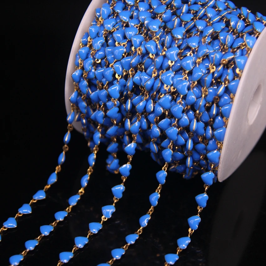 

2020New style 5Meter Lapis Blue Enamel heart-shaped Beaded Chains,Lampwork Glass Beads Link Copper Chain Necklace Crafts Jewelry