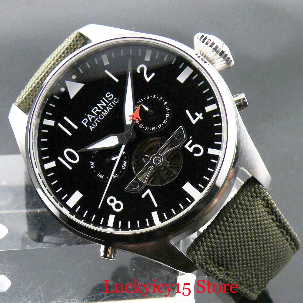 PARNIS 47mm Black Dial Week Date Indicator Men Wristwatch Hollow Self Winding Watch