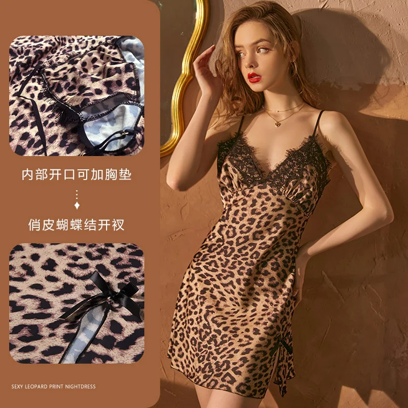 

Leopard Grain Wild Sexy Lingerie Set Women Nightgown Slim Baby Dolls Female Underwear Silk Sleepwear Thin Lace Strap Night Dress