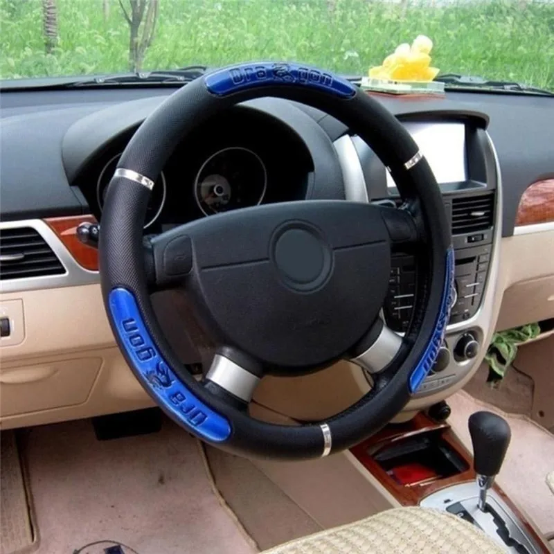

Universal Car Steering Wheel Covers Reflective Pu Leather Cool Chinese Dragon Design Busines Car Accessories Interior Decoration