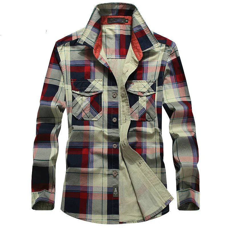 Plaid Shirt Men 100% Cotton Spring Summer Autumn Long Sleeve Denim Pockets Mens Shirts Camisetas hombre Plus Size 4XL Plaid Shirt Men 100% Cotton Spring Summer Autumn Long Sleeve Denim Pockets Mens Shirts Camisetas hombre Plus Size 4XL