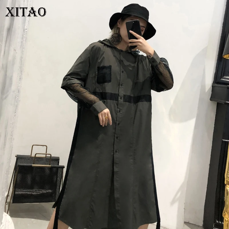

XITAO Lace Long Trench Women Clothes 2019 Autumn Elegant Single Breasted Patchwork Pocket Wide Waist Hooded Collar Coat WLD2428