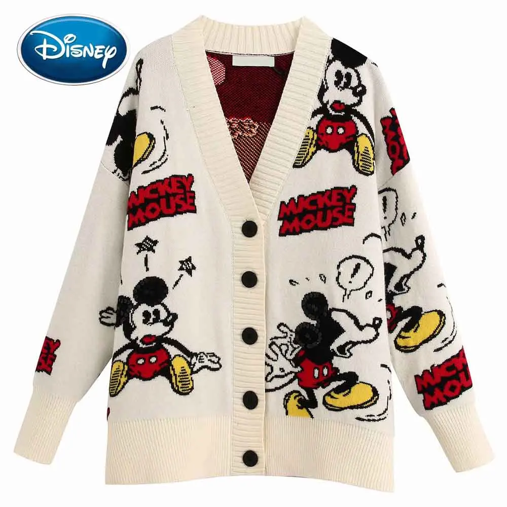 Disney Stylish Mickey Mouse Cartoon Print V-Neck Cardigan Single-breasted Streetwear Women Sweater White Knitted Long Sleeve Top