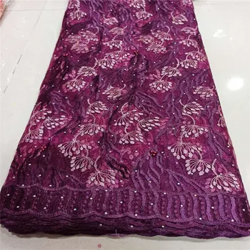 

Latest African Net Lace Fabric 2020 purple stones High Quality beads Nigerian Lace Fabrics 5Yards French Tulle Lace Material