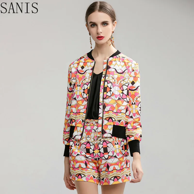 

SANIS Fashion Designer Suit Spring Autumn Women Geometric Print jacket Tops+Shorts Elegant Two-piece set