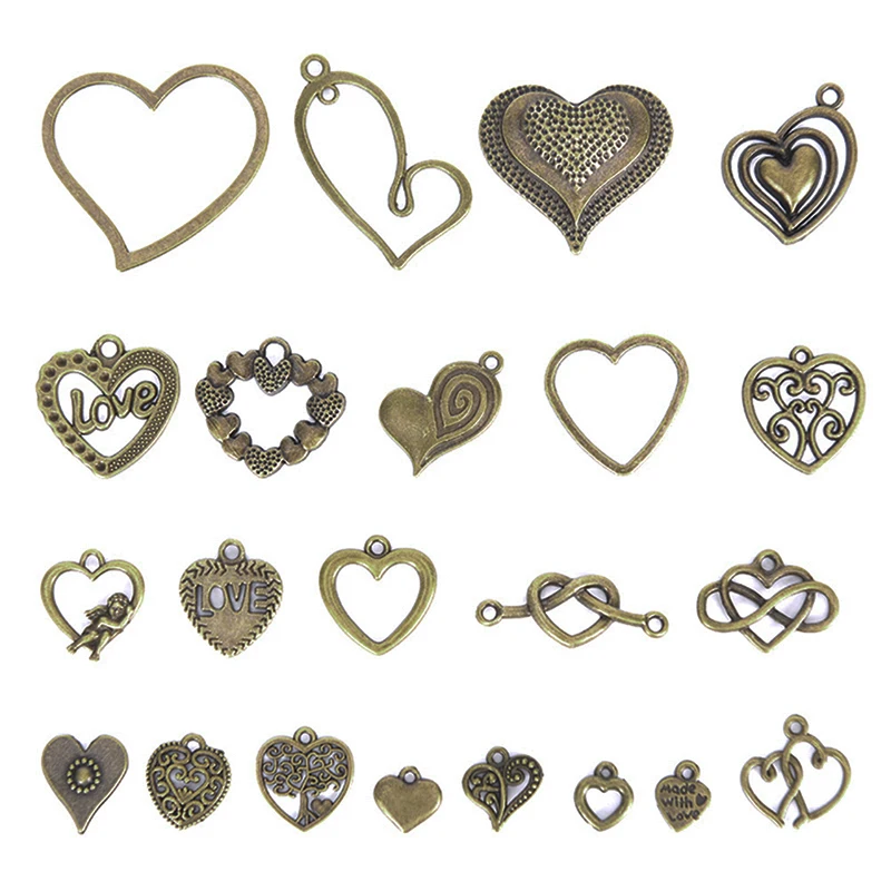 22Pcs/Set Fashion Mixed Bronze Heart Charms Pendant Vintage Style DIY Craft Jewelry Making Findings Accessories For Women